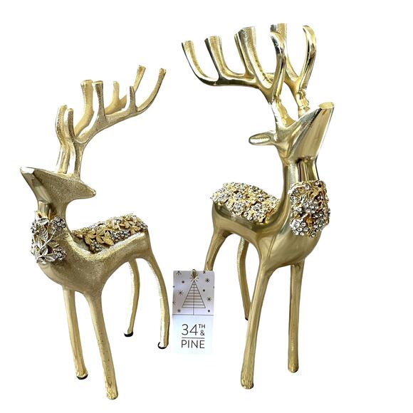 34th & Pine Gold Metal Rhinestone Reindeer Set of 2 Christmas Holiday Decor NEW - Picture 12 of 15